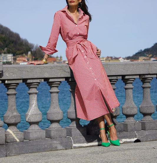 Elegant plaid midi shirt dress