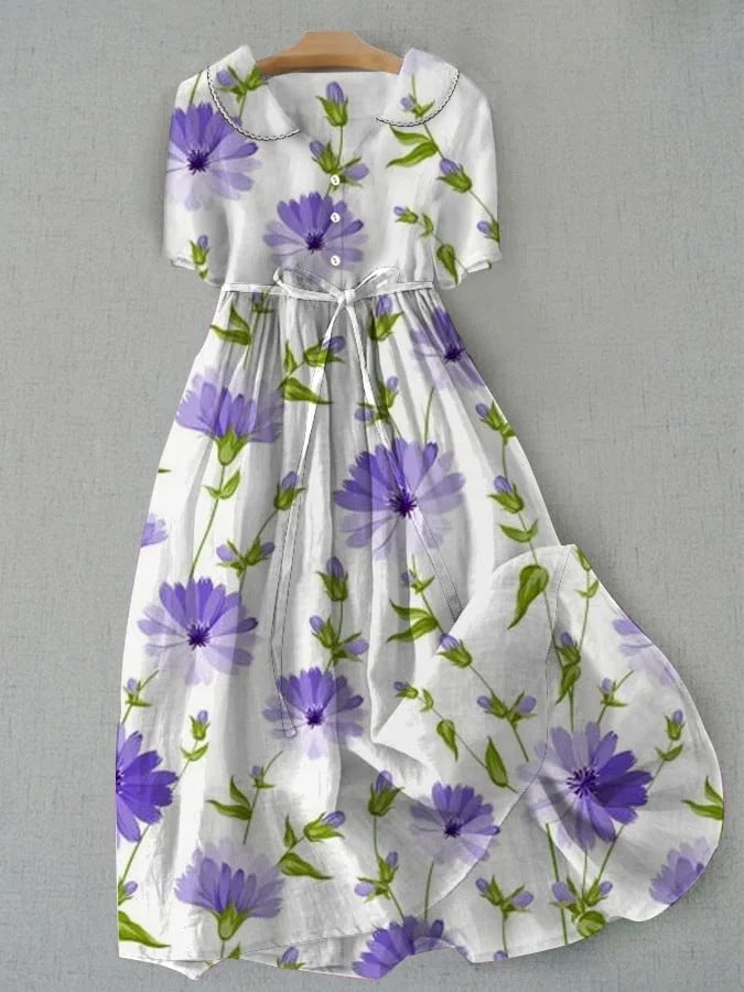 Vintage Floral Design Print Lace-Up Midi Dress