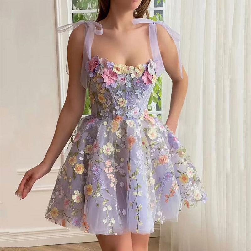 3D Flower Embroidered Suspender Mini Dress