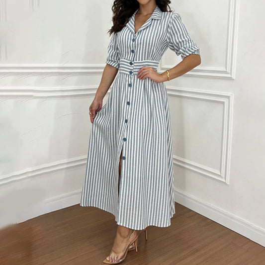 Lapel Striped Print Shirt Dress