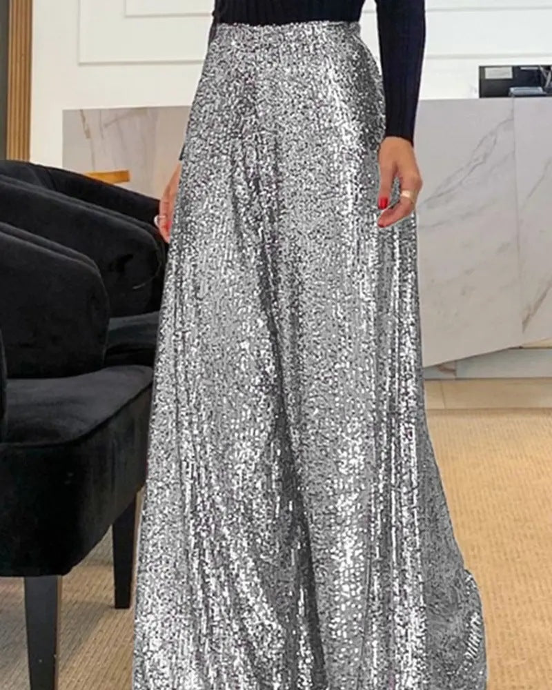 Sequined High-waisted Wide-leg Pants