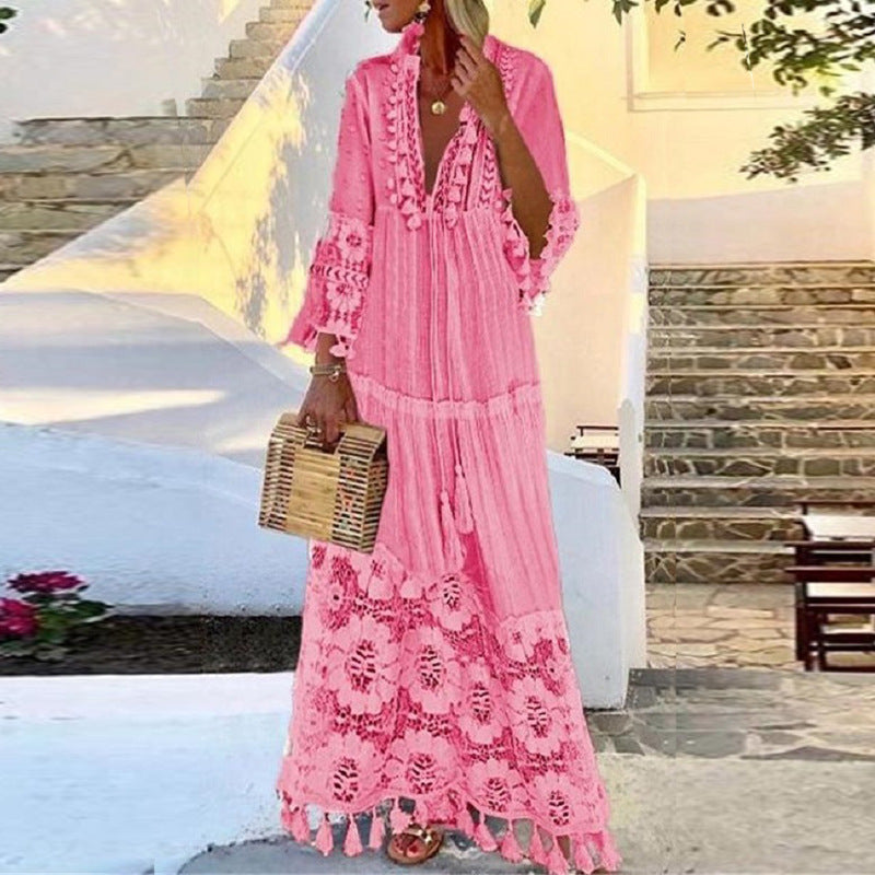 Lace Fringed Patchwork Beach Maxi Dress