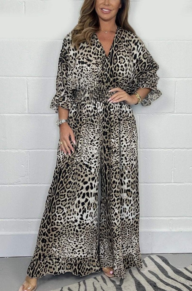 Leopard print casual loose jumpsuit