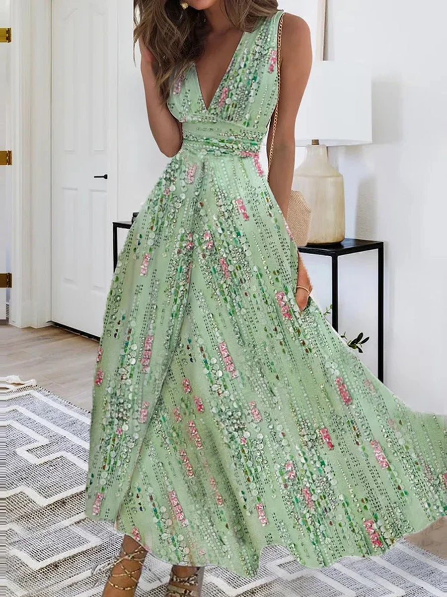 Fresh Green Print Sleeveless Dress