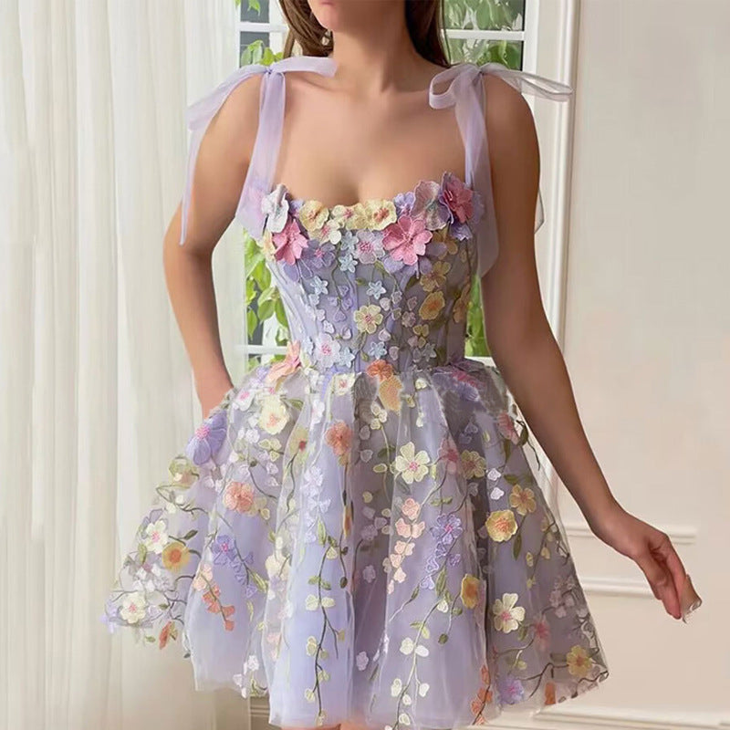 3D Flower Embroidered Suspender Mini Dress