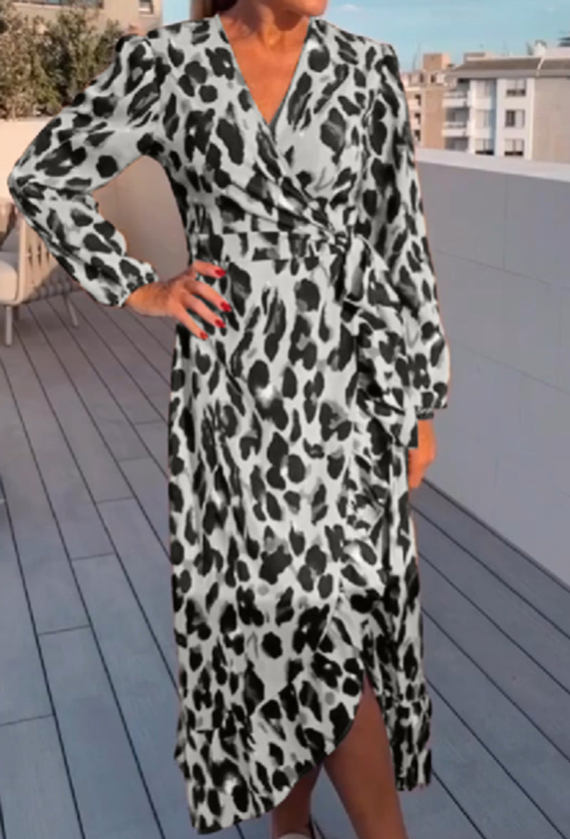 V-neck Leopard Long Sleeve Dress