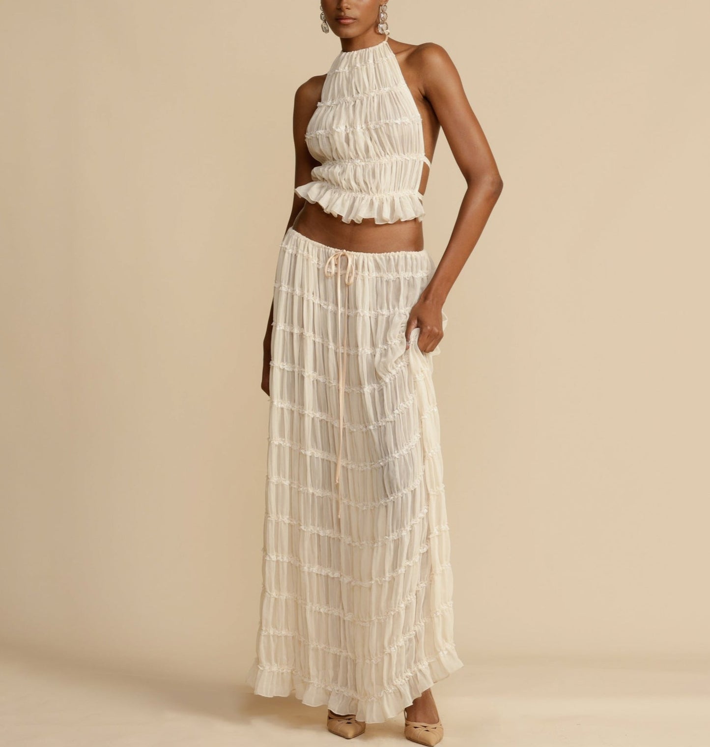 Versatility And Vintage Charm Pleated Drawstring Waist Tiered Maxi Skirt