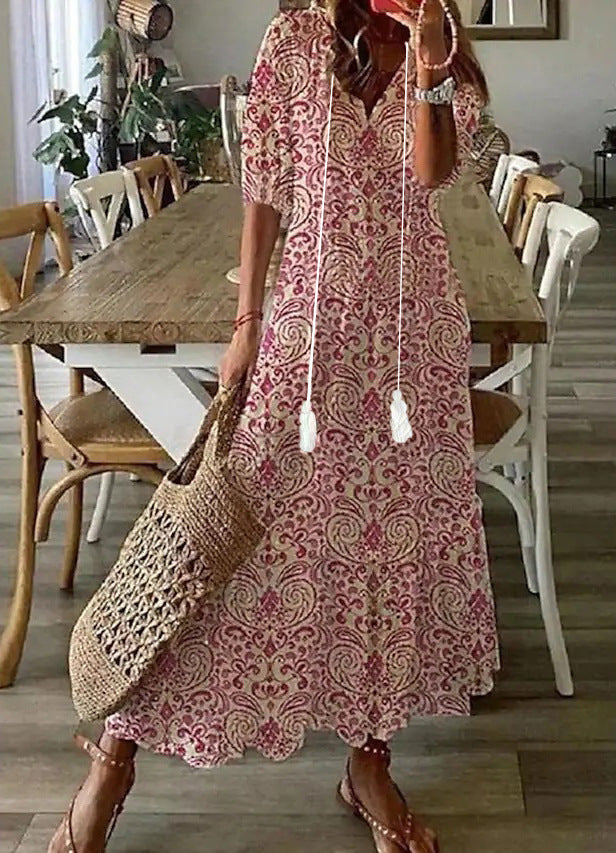 V-neck Printed Mustache Maxi Dress