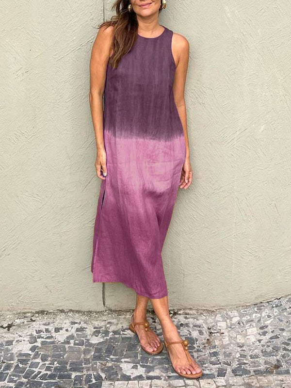 Cotton and linen sleeveless slit gradient dress