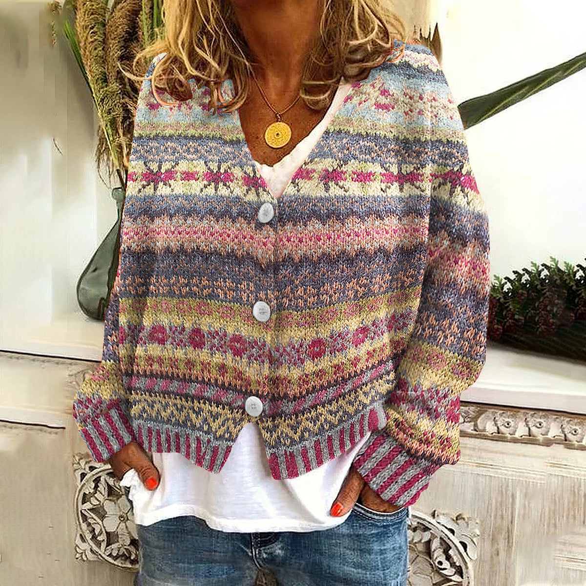 Stylish Print Long Sleeve Caidigan Sweater