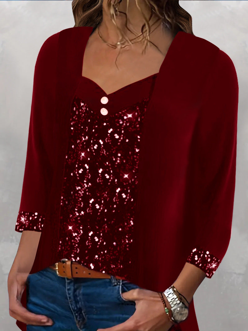 Sequined Patchwork Button Long Sleeve Top