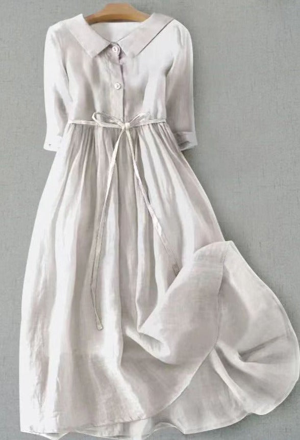 Cotton and linen lapel half-sleeved dress