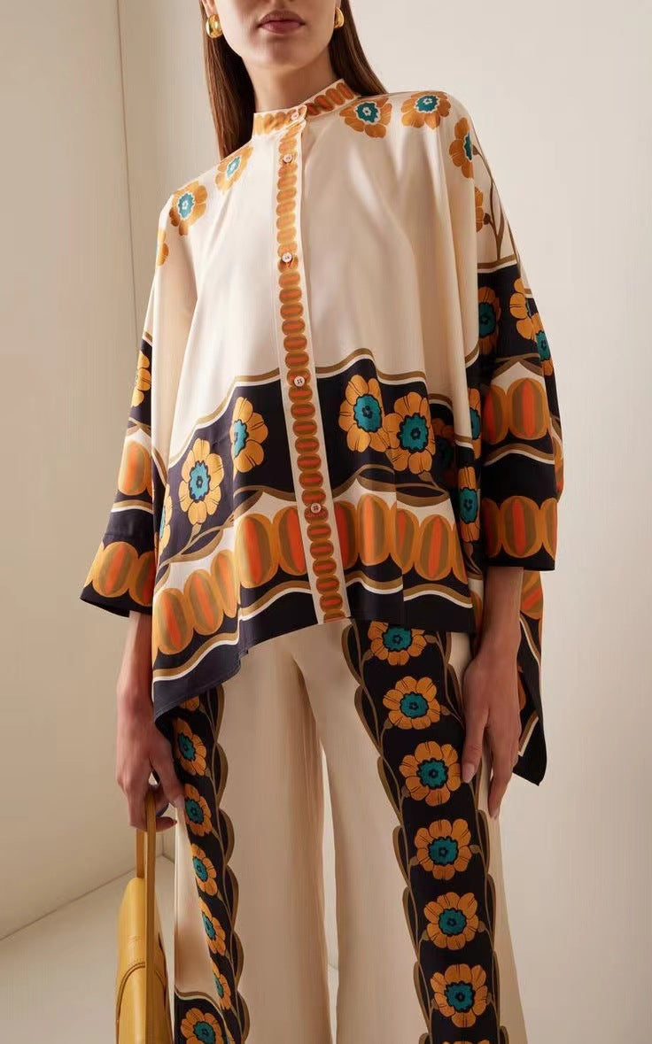 Foulard Geometric Print Silk Shirt and Pants Suit