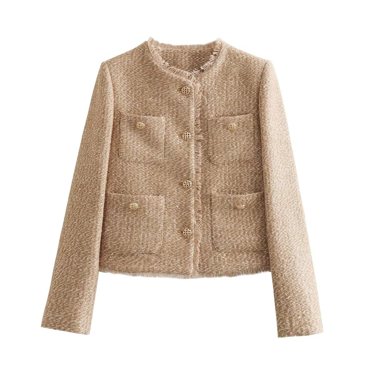 Crew Neck Frayed Jacket with Buttons