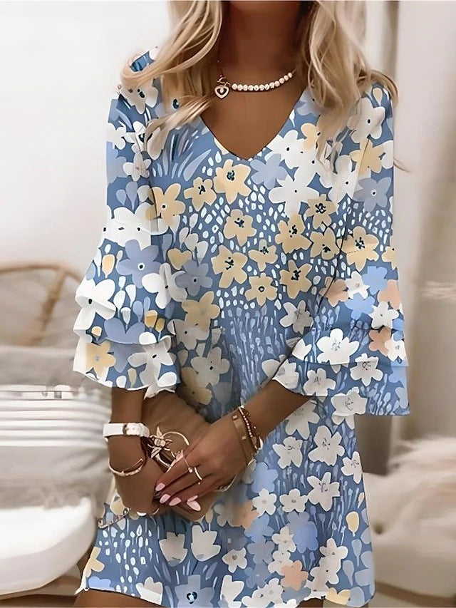 Blue Floral Print V-Neck Mini Dress