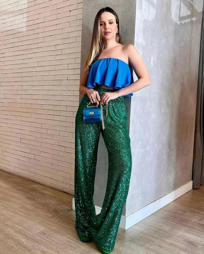 Sequined Casual Straight Pants