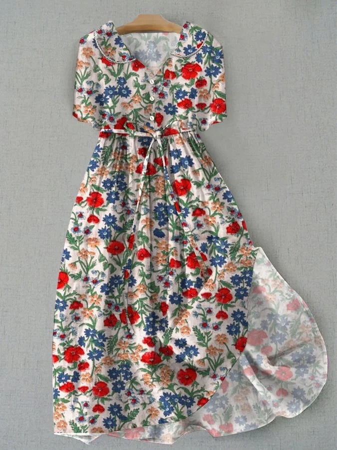 Vintage Floral Design Print Lace-Up Midi Dress