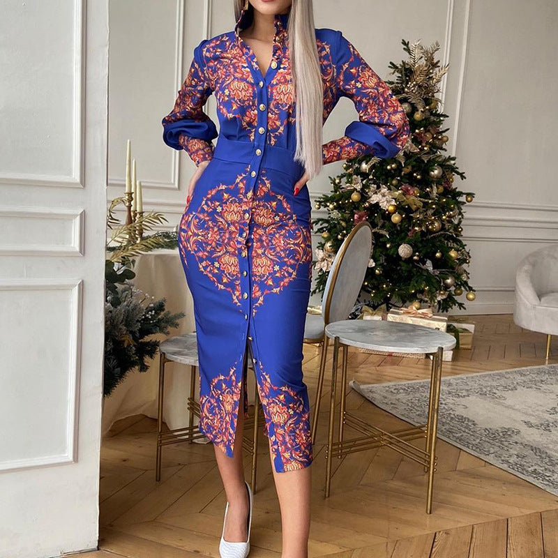 Stand Collar Long Sleeve Printed Midi Dress