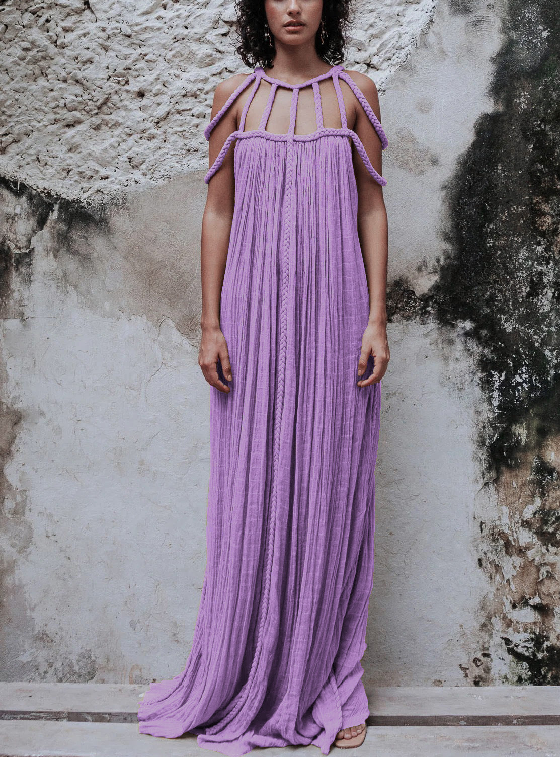 Modern And Sophisticated Linen Blend Draped Braids Cover Up Maxi Dress