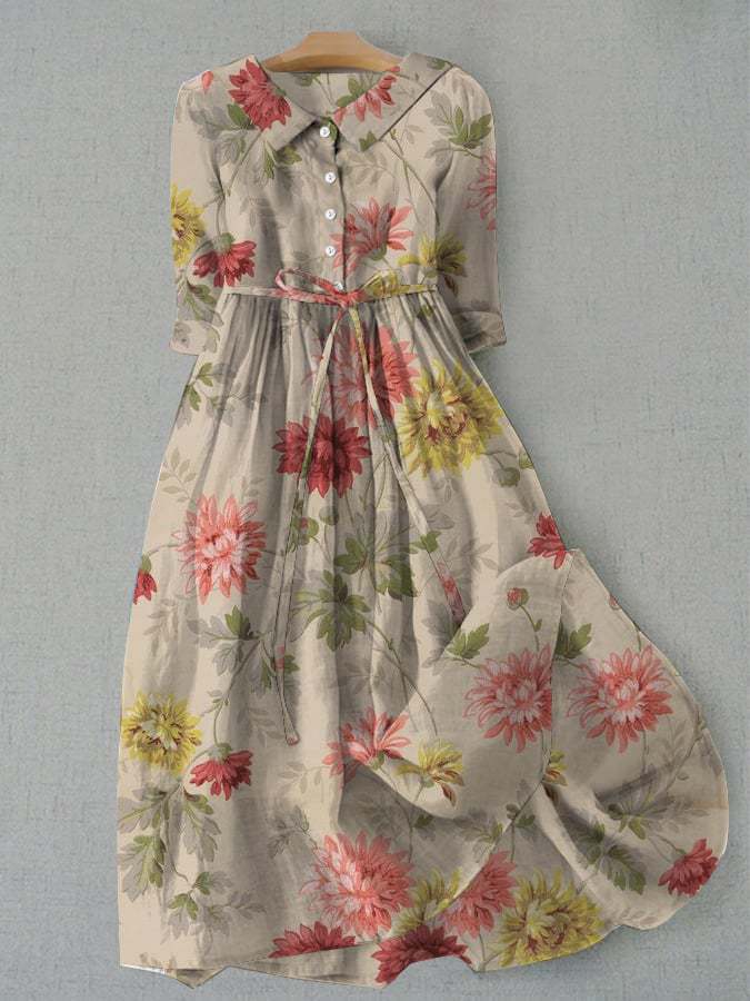 Vintage Botanical Floral Design Print Lace-Up Dress