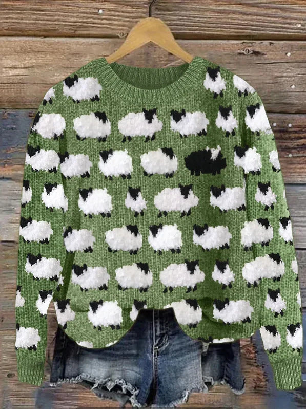 Green Long Sleeve Animal Print Sweater