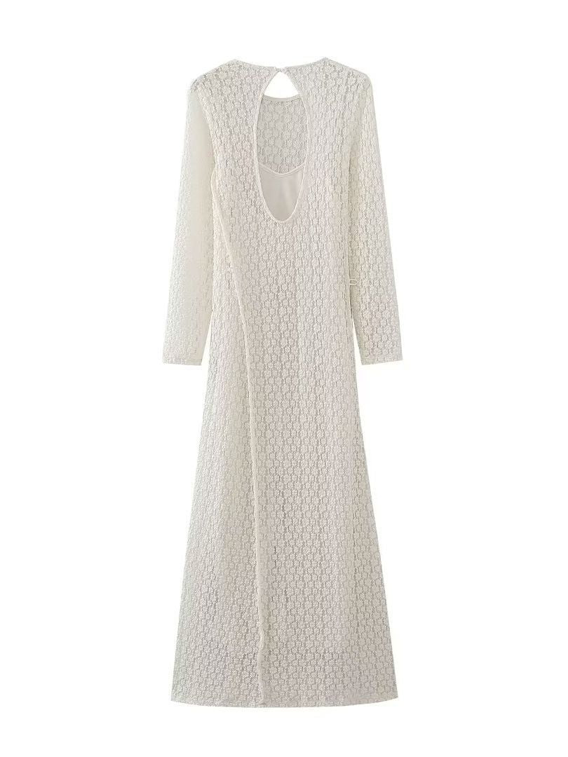 Round Neck White Hollow Maxi Dress