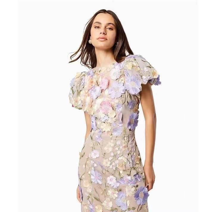 Embroidered 3D Flower Puff Sleeve Midi Dress