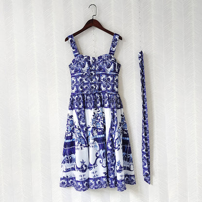 Suspender Print Midi Dress