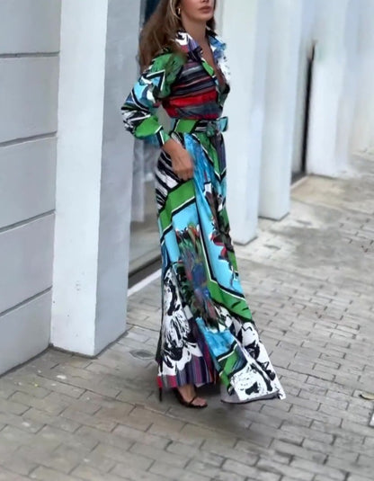 Printed Low-cut V-neck Maxi Dress