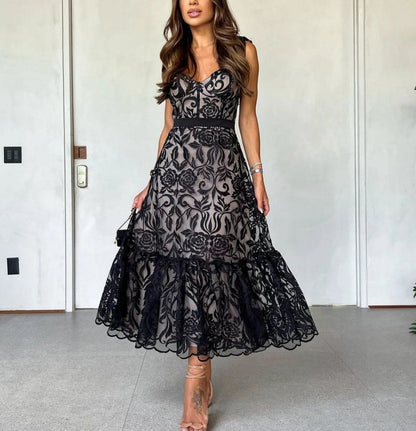 V-neck Embroidered Lace Waisted Dress