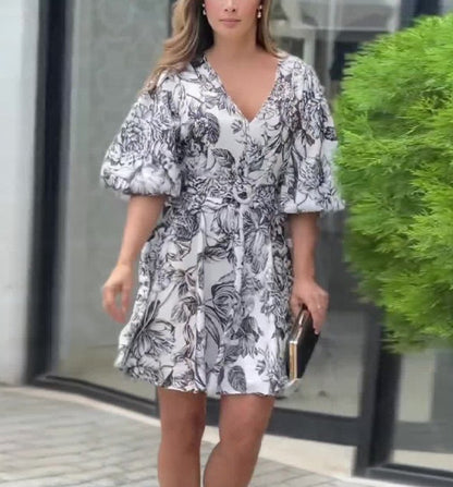 Retro Print Puff Sleeve Mini Dress