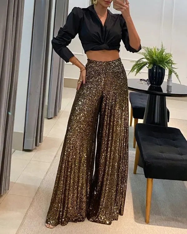 Sequined High-waisted Wide-leg Pants