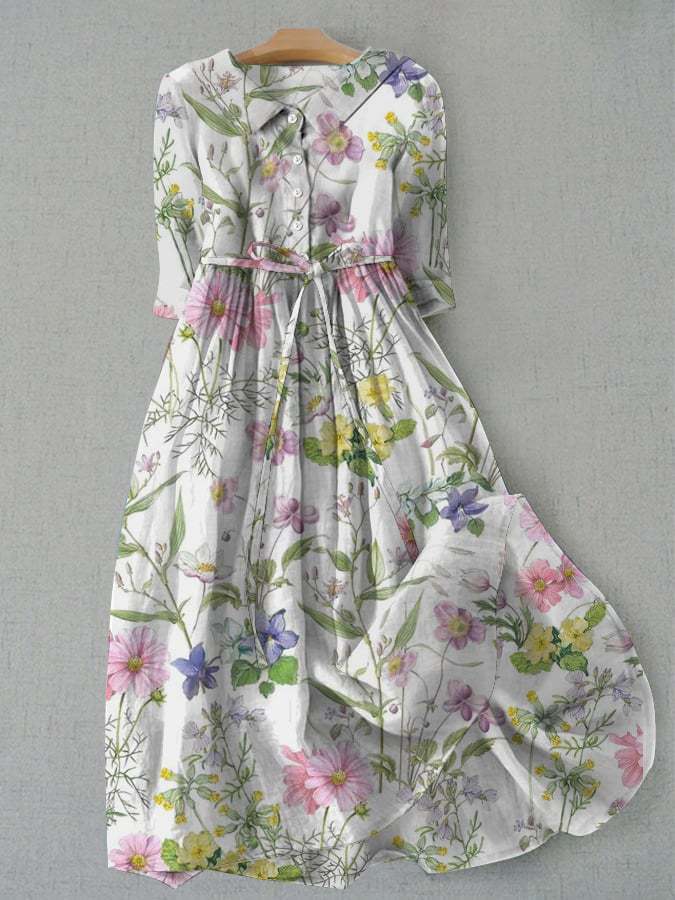 Vintage Botanical Floral Design Print Lace-Up Dress