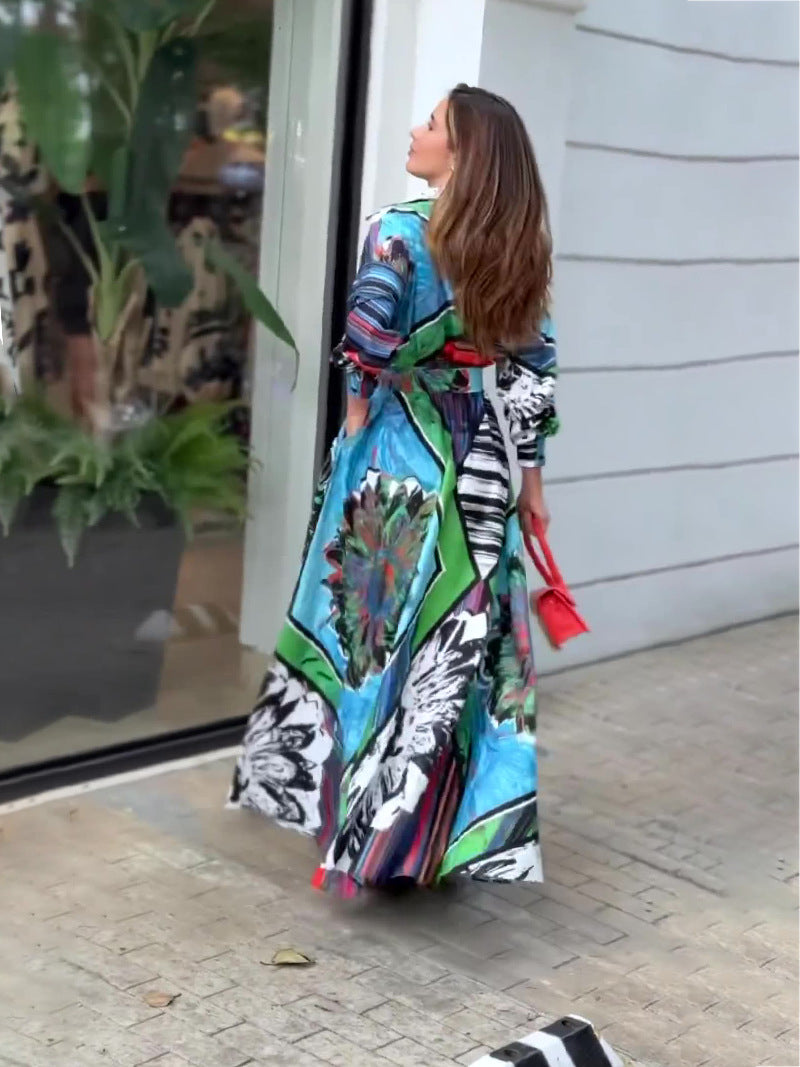 Printed Low-cut V-neck Maxi Dress