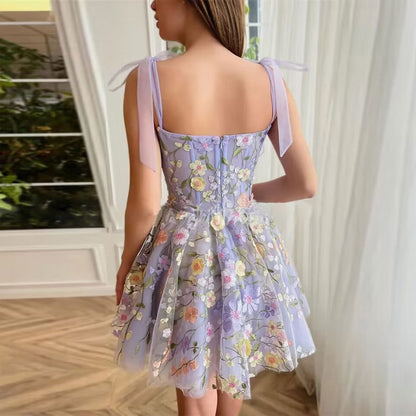 3D Flower Embroidered Suspender Mini Dress