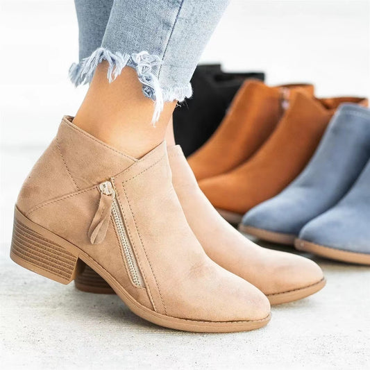 Chunky Heel Side Zip Suede Martin Boots