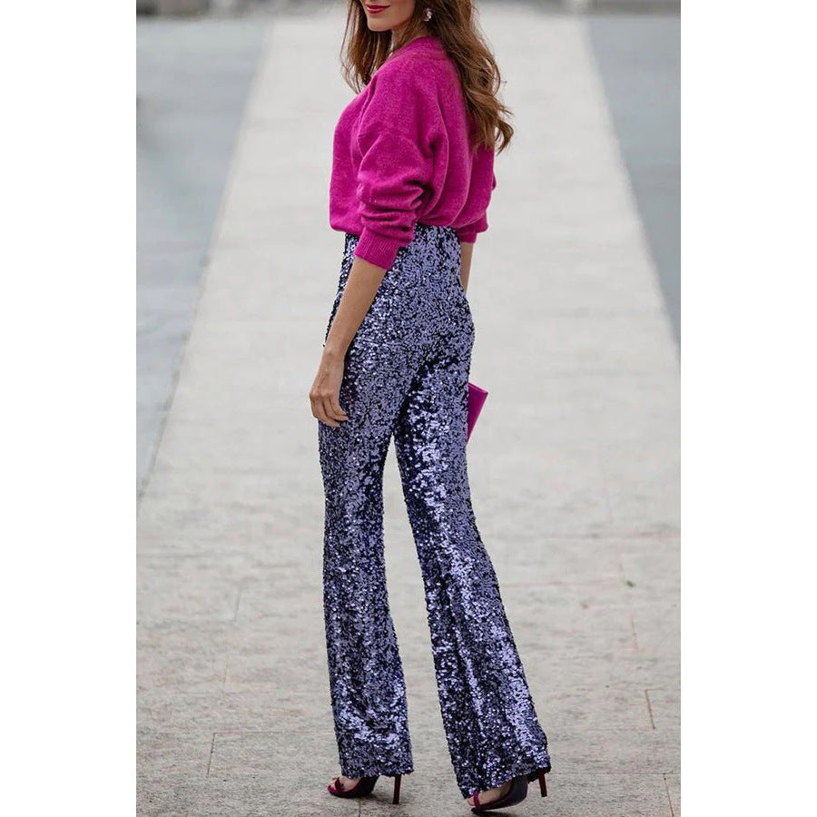 Diva Sequin High Rise Elastic Waist Flare Pants