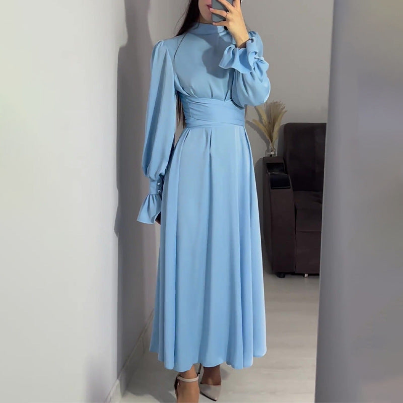 Long-sleeved Waisted Puff-sleeved with Green Tie Design Dress