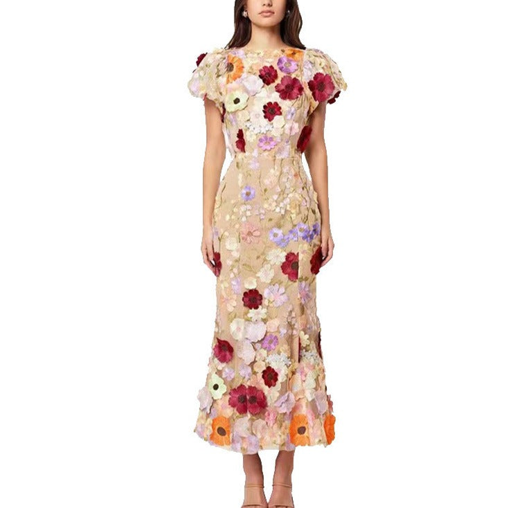 Embroidered 3D Flower Puff Sleeve Midi Dress