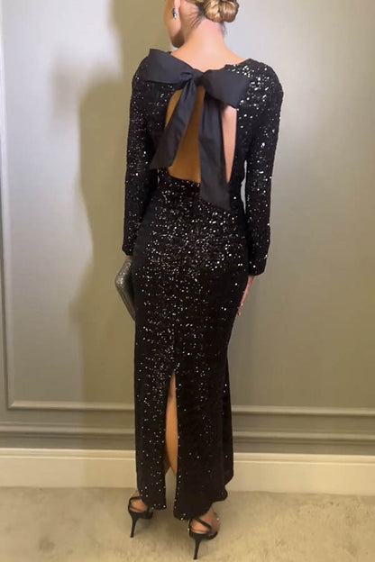 Sequined Backless Long Sleeve Midi Dress