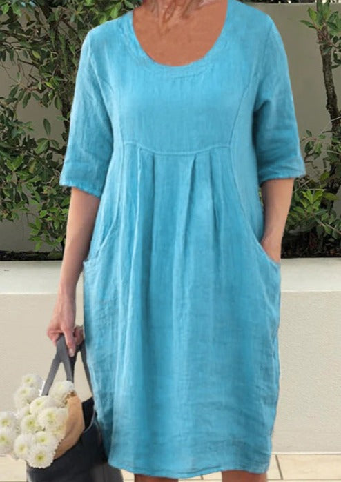 Solid Color Cotton Linen Pockets Tunic Midi Dress