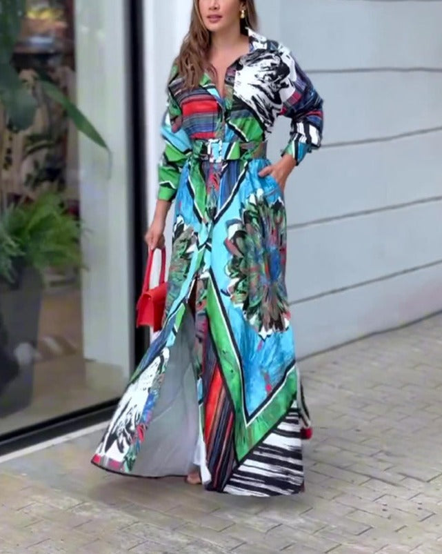 Printed Low-cut V-neck Maxi Dress