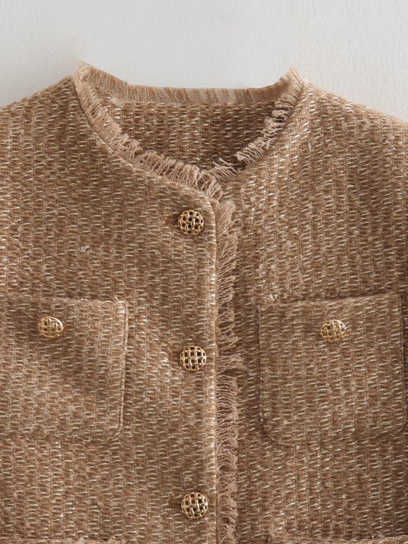 Crew Neck Frayed Jacket with Buttons