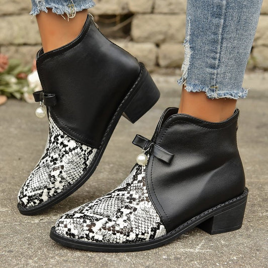 Snake Print Pearl Chunky Heel Boots