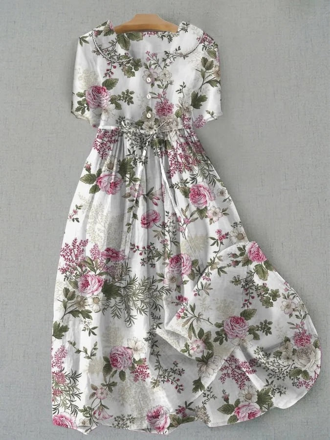 Vintage Floral Design Print Lace-Up Midi Dress