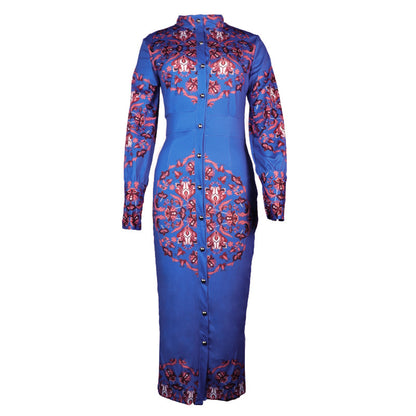 Stand Collar Long Sleeve Printed Midi Dress