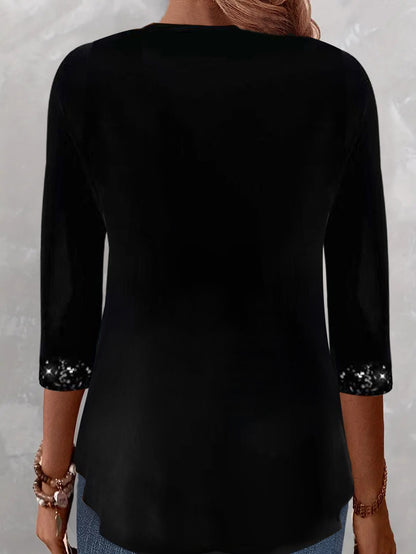 Sequined Patchwork Button Long Sleeve Top