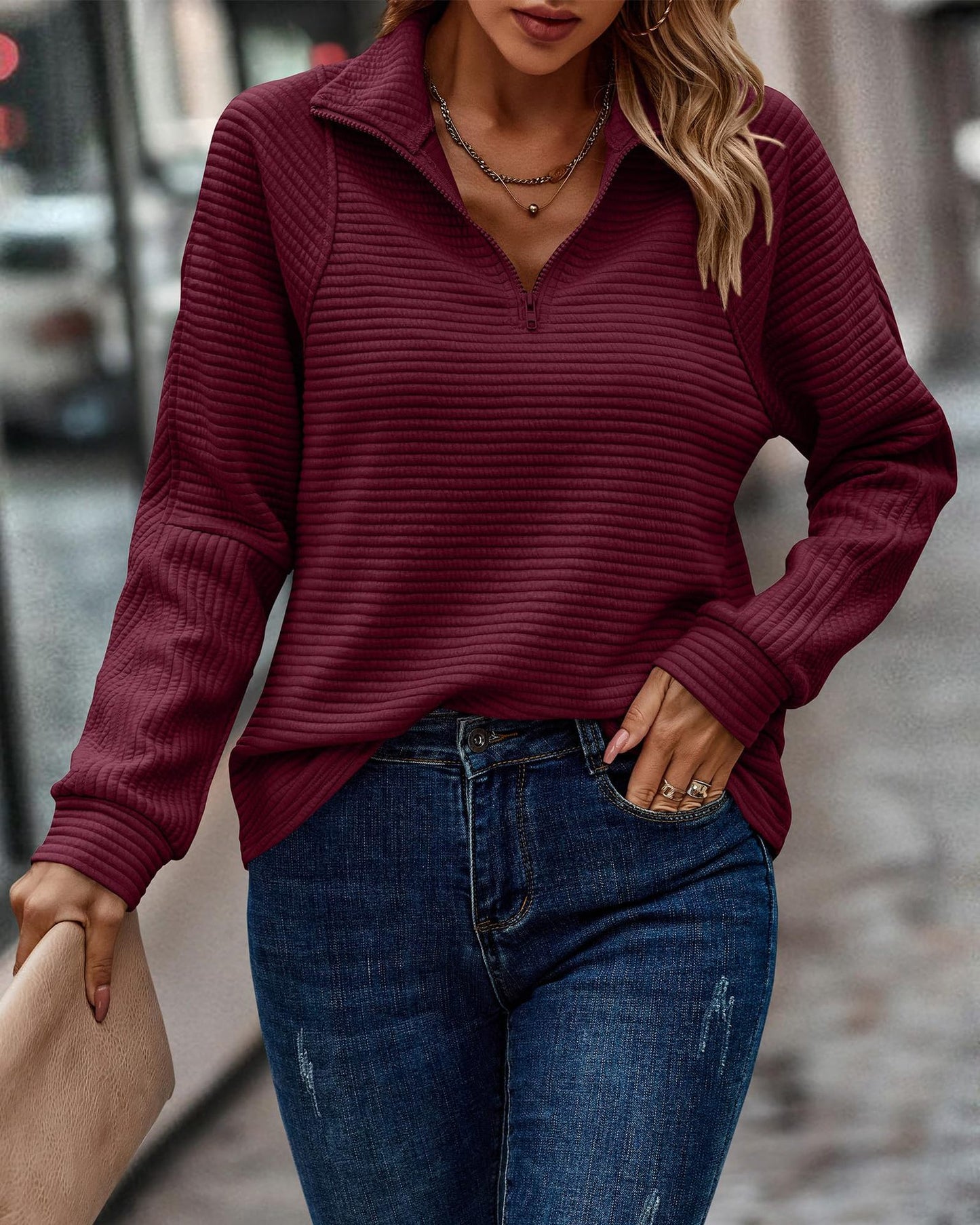 Zip Collar Plain V-Neck Top