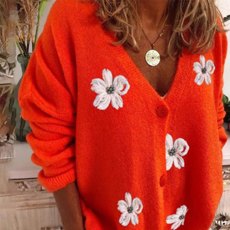 Long Sleeve Cardigan Embroidered V-Neck Knit Sweater