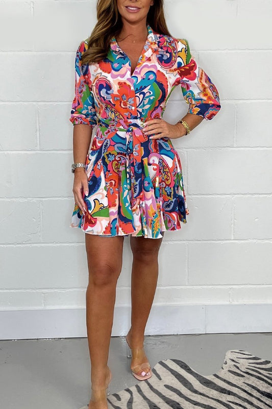 Casual Printed Shirt Collar Mini Dress